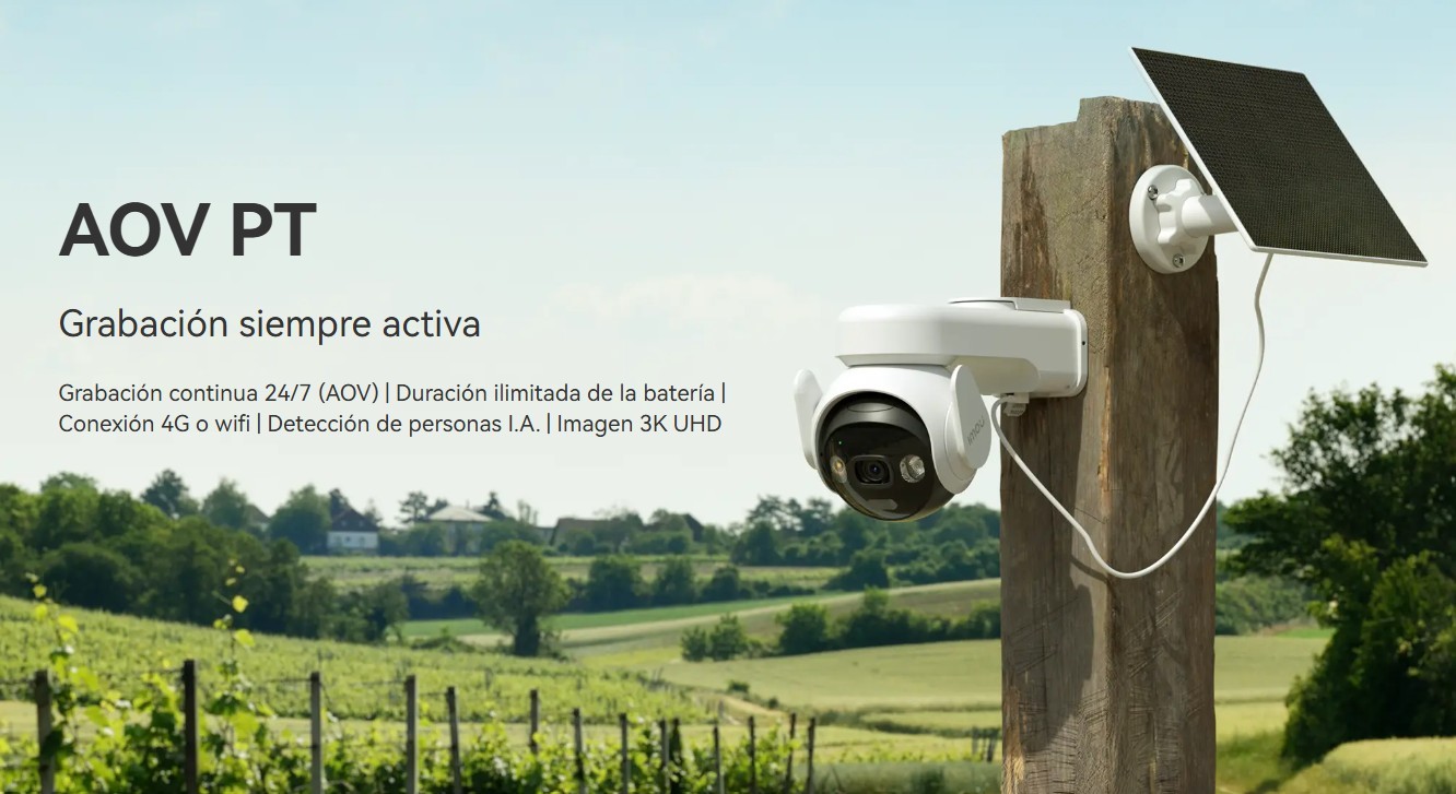 IPC-B7ED-5M0TEA-AM/FSP14. AOV PT Cámara Imou de 5MP con Panel Solar y Batería conectividad 4G+WiFi, Sirena y luces, sirena, audio, seguimiento automático, detección IA.